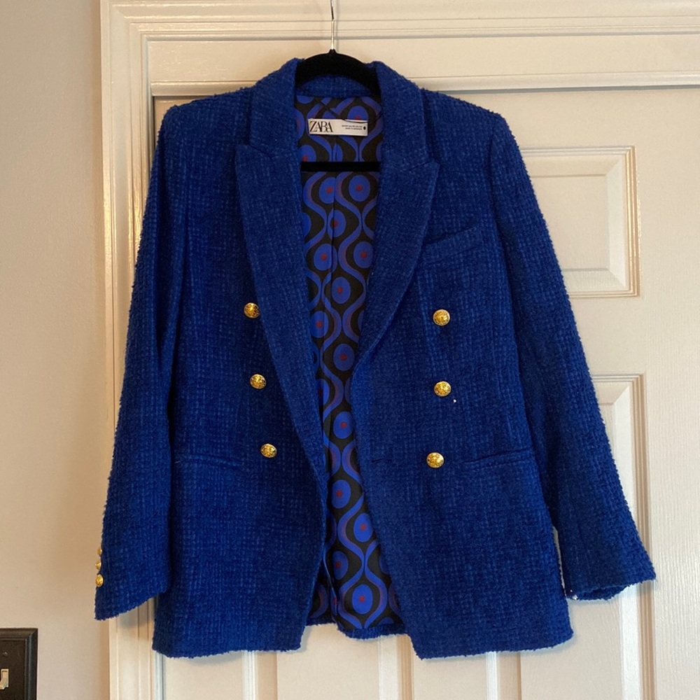 Zara Royal Blue Tweed Double-Breasted Blazer with Gold Buttons